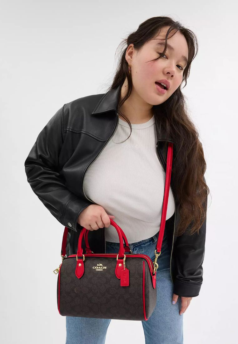 Rowan Satchel Bag In Signature Canvas Gold Walnut Bold Red