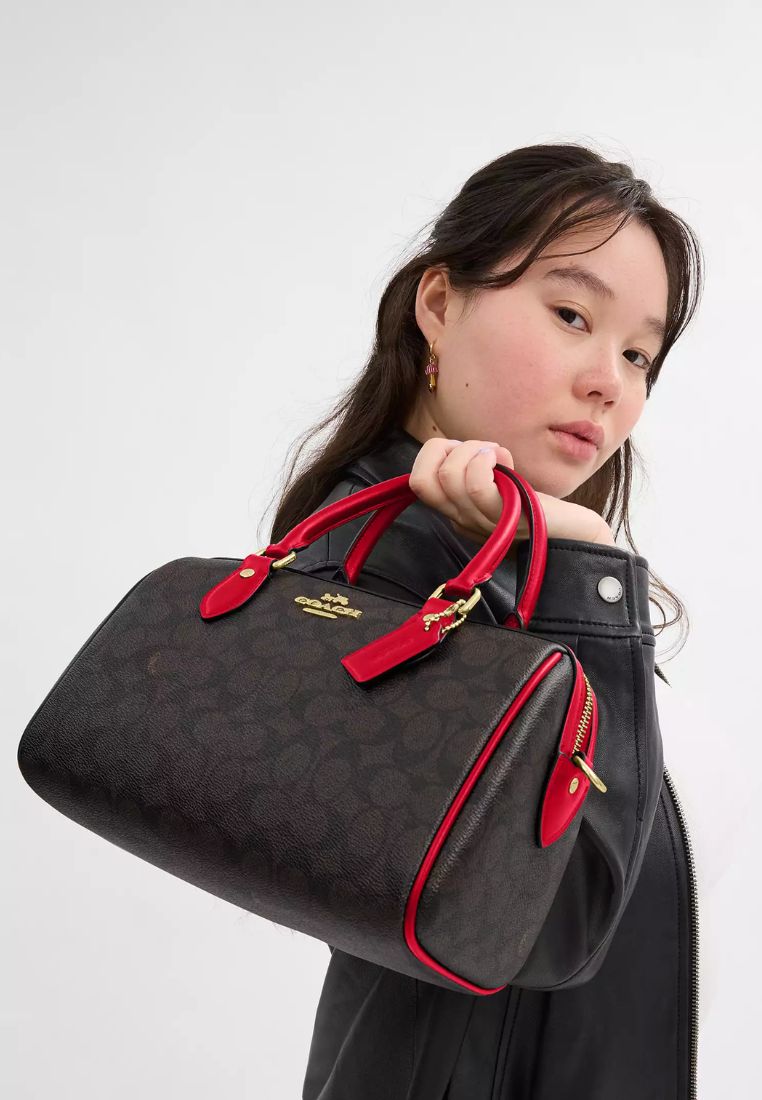 Rowan Satchel Bag In Signature Canvas Gold Walnut Bold Red