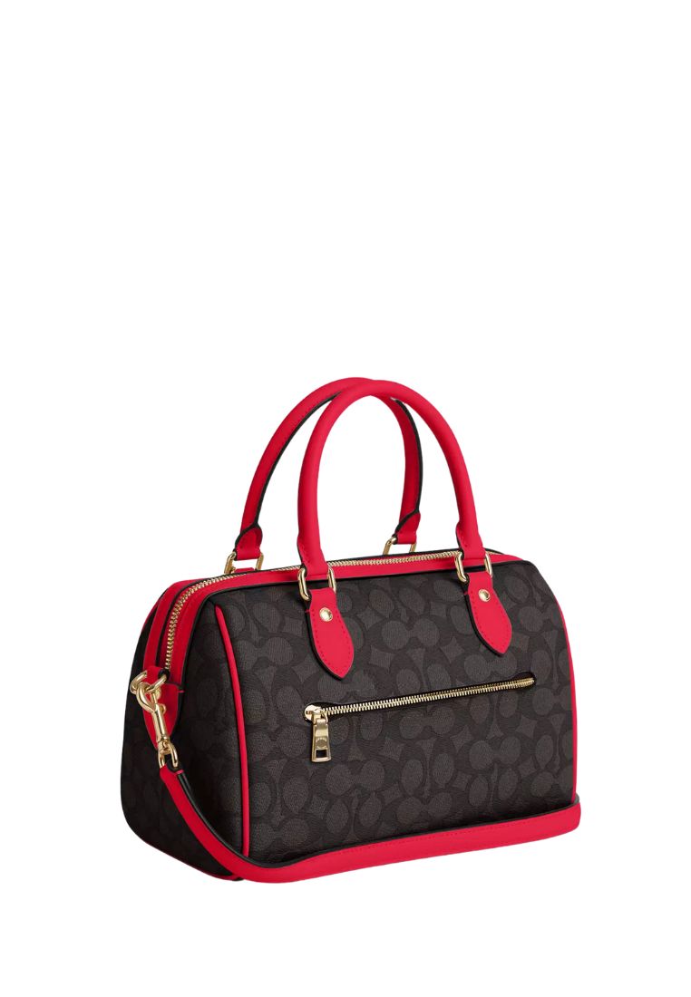 Rowan Satchel Bag In Signature Canvas Gold Walnut Bold Red