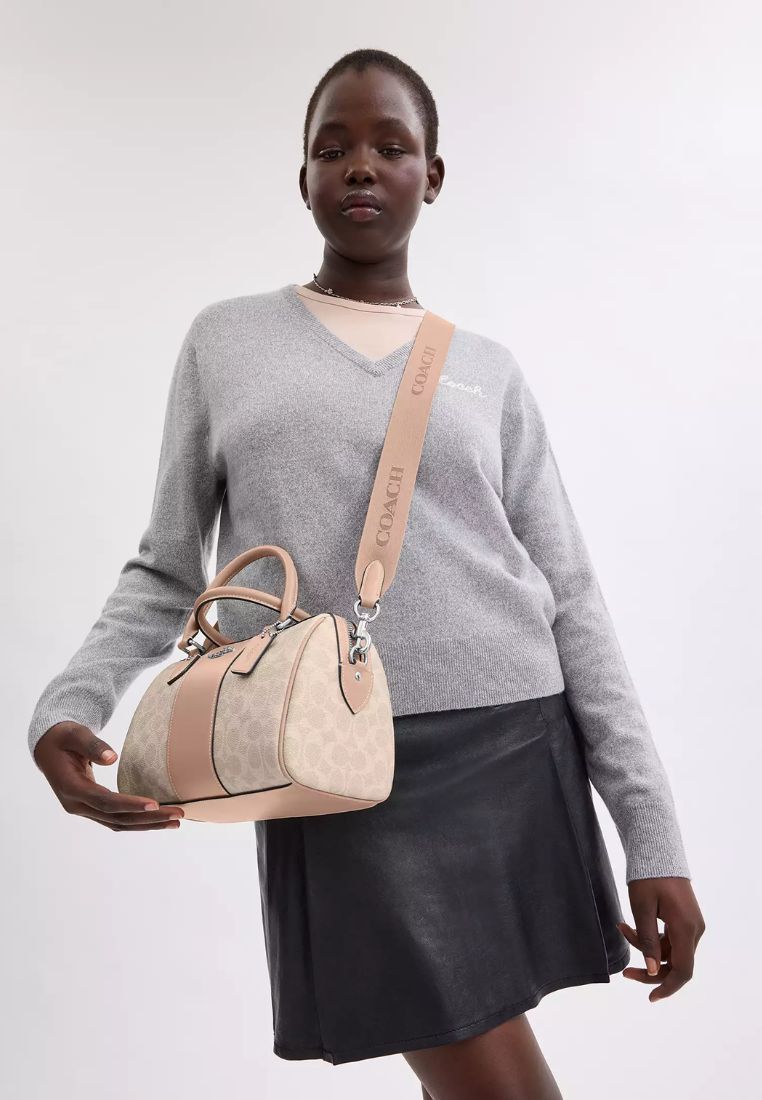 Rowan Satchel Bag In Signature Canvas Silver Sand Taupe