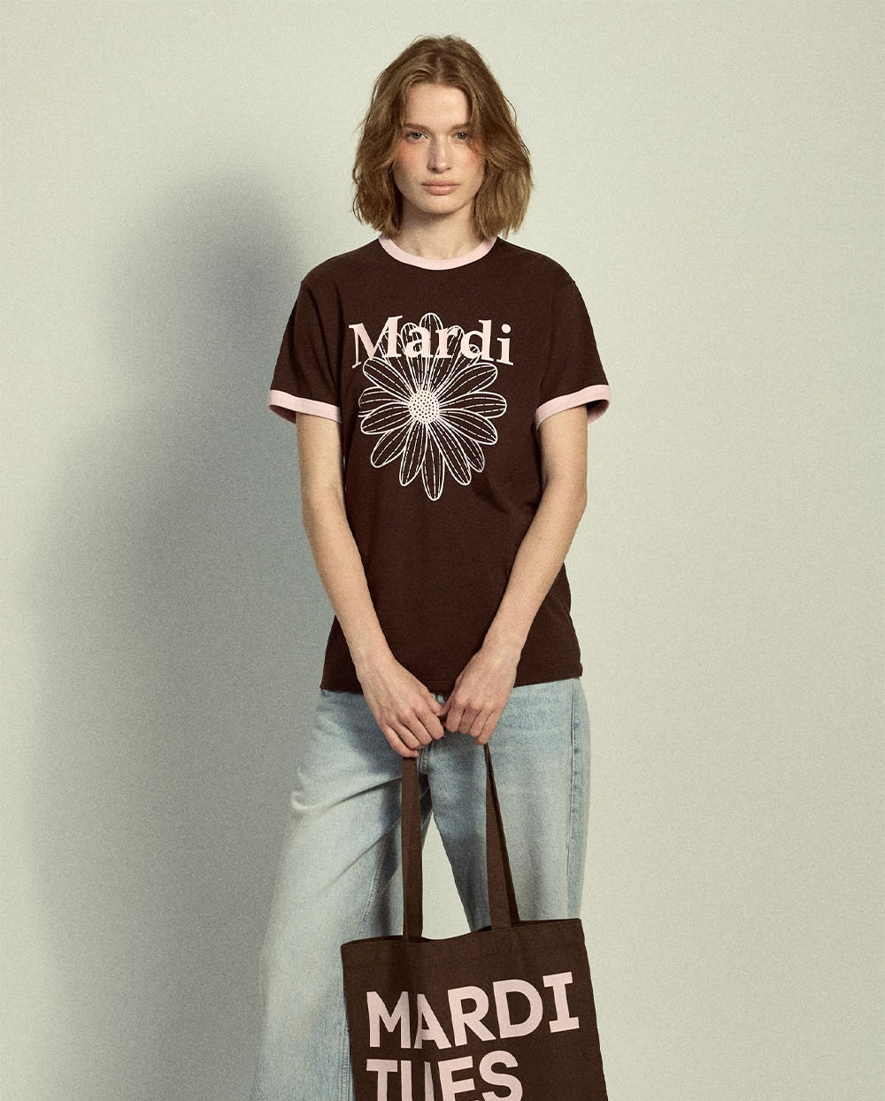 Slim Ringer Tshirt FLOWERMARDI Brown Pale Pink