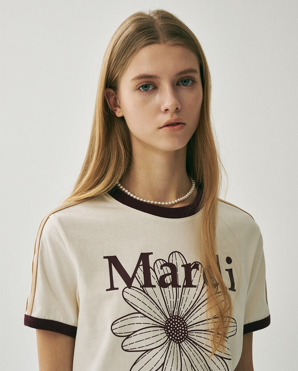 Slim Ringer Tshirt FLOWERMARDI Cream Burgundy