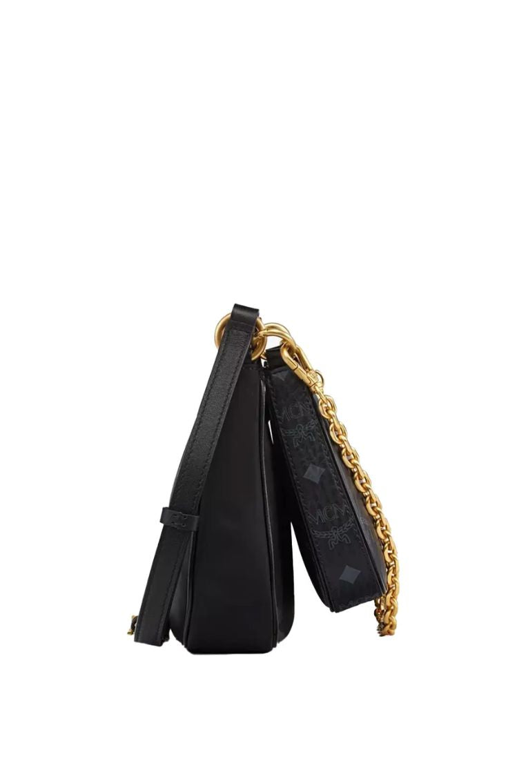Small Aren Duo Recycled Nylon and Visetos Monogram Hobo Bag Black