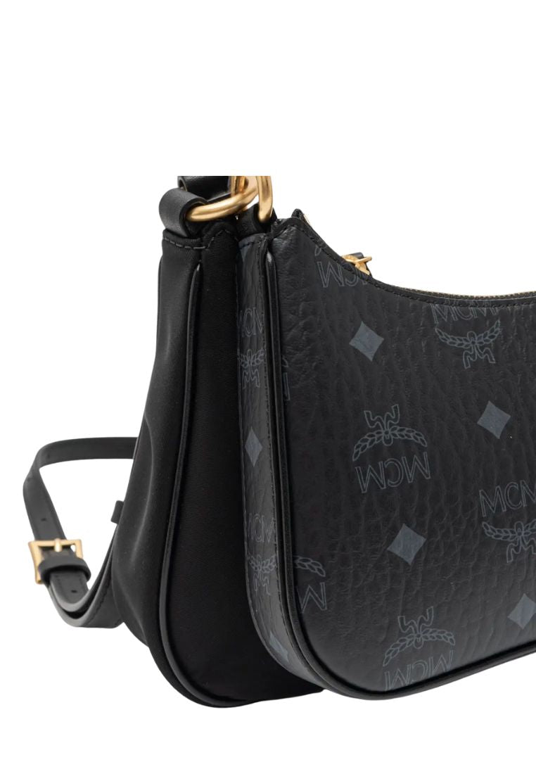Small Aren Duo Recycled Nylon and Visetos Monogram Hobo Bag Black