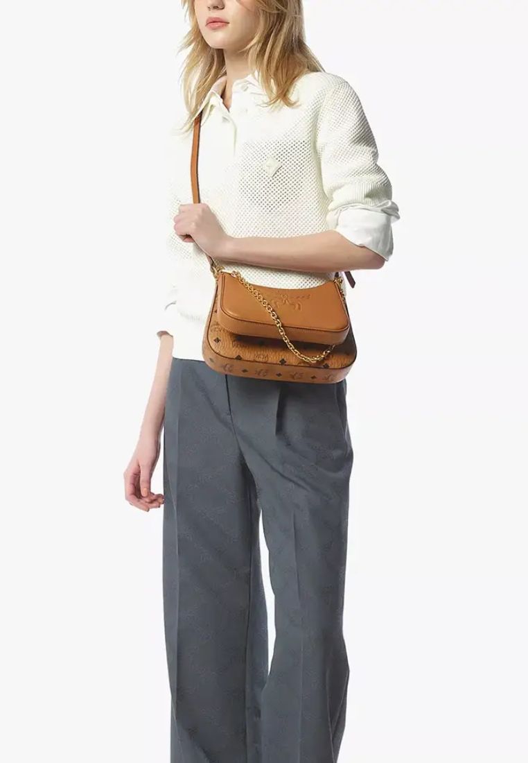 Small Aren Duo Visetos Monogram Hobo Bag Cognac