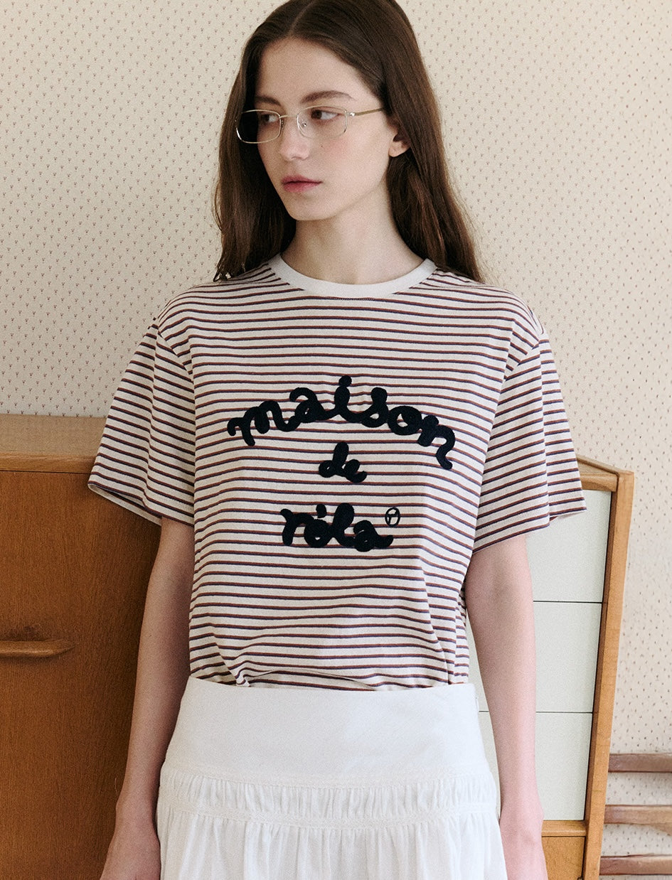 Stripe Maison De Rola Embroidery T-Shirt Brown