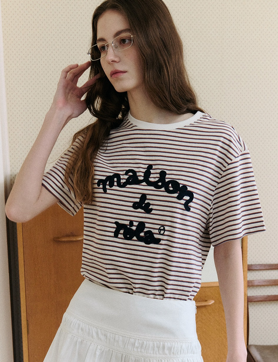Stripe Maison De Rola Embroidery T-Shirt Brown