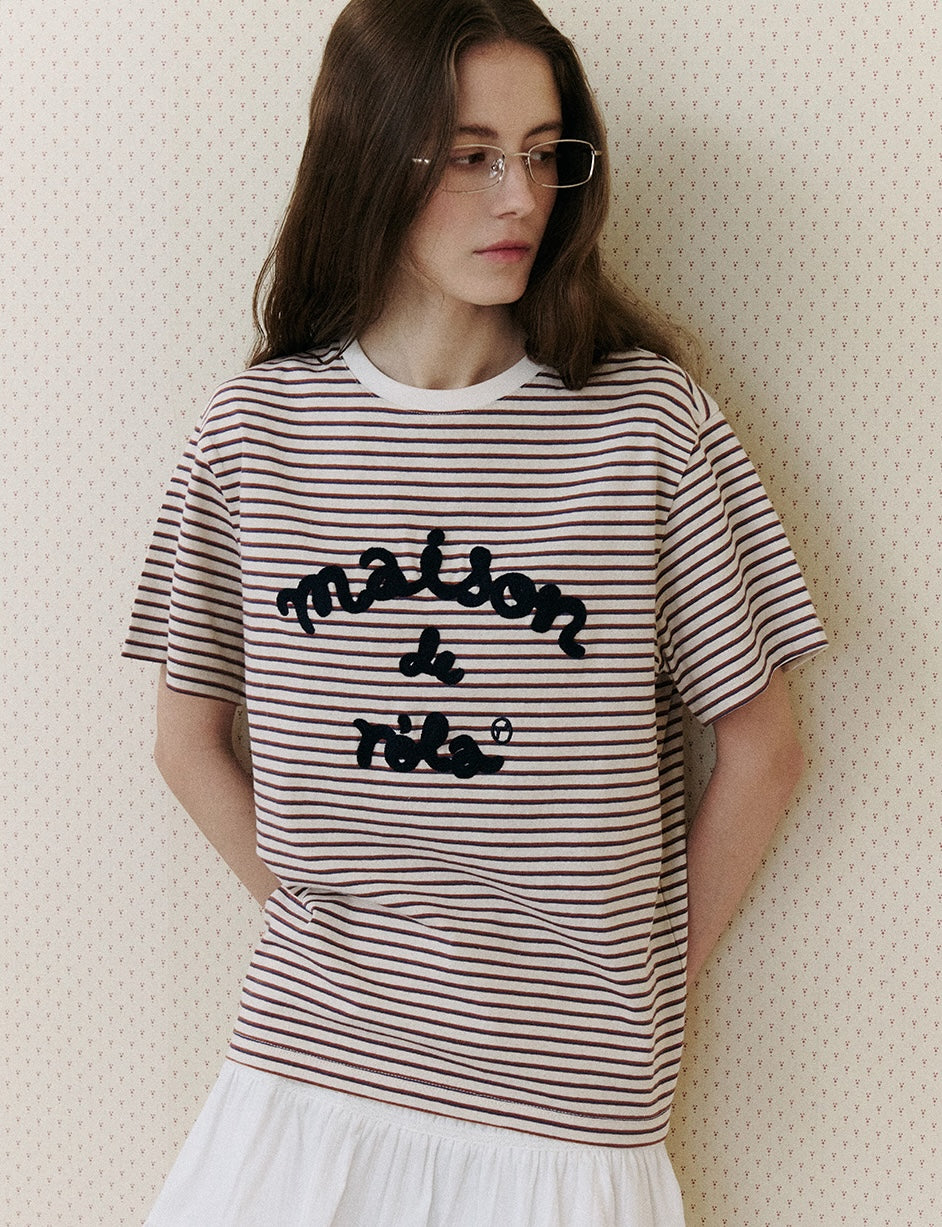 Stripe Maison De Rola Embroidery T-Shirt Brown
