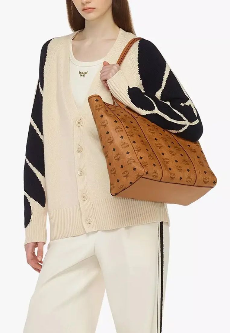 Toni Top-Zip Visetos Medium Shopper Bag Cognac