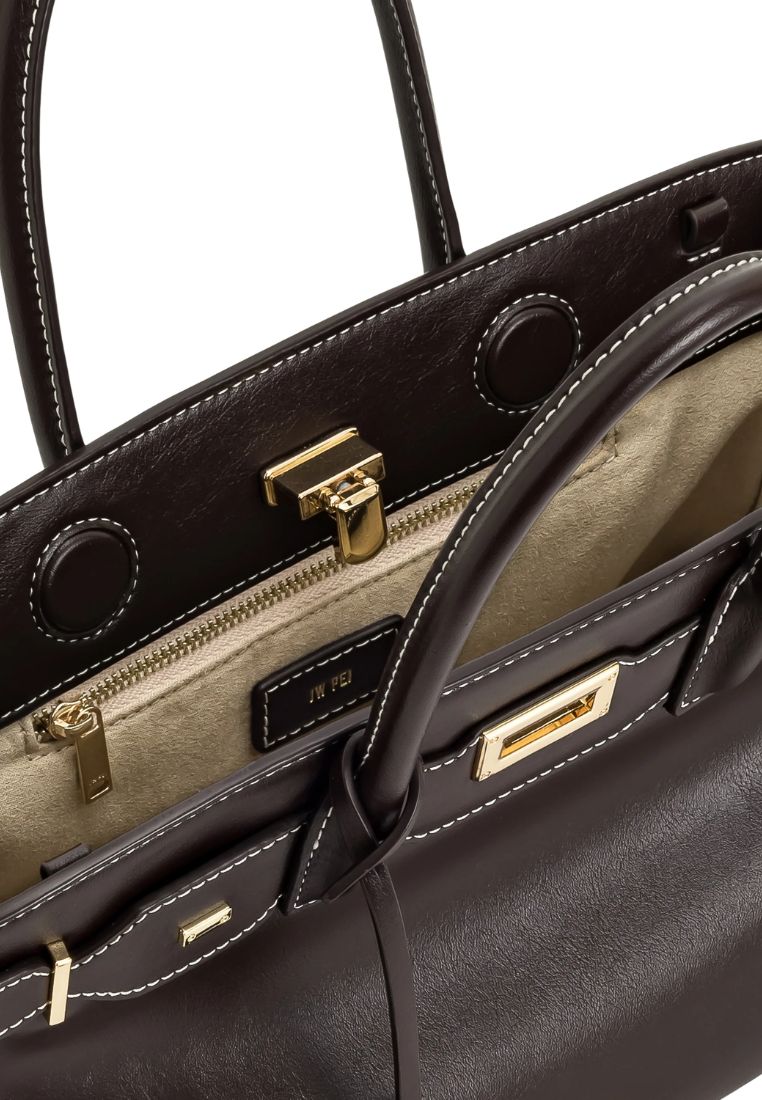 Ziva Metal Lock Decoration Tote Bag - Dark Brown