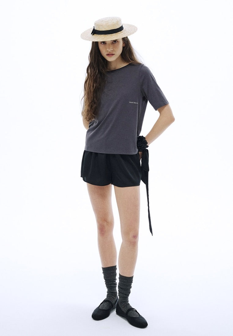 Premium Silk Blended TShirt Logo Boatneck Charcoal