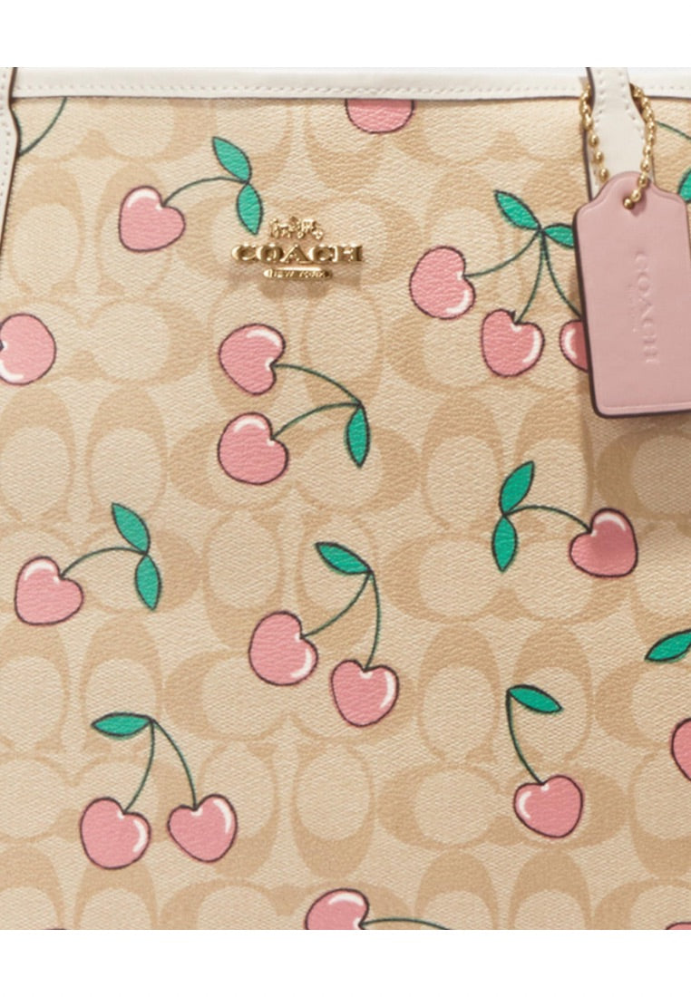 City Tote In Signature Canvas With Heart Cherry Print Light Khaki Multi