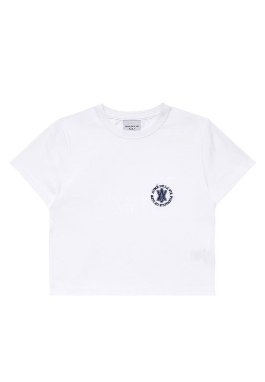A Logo Emblem Embroidery Crop Top Short Sleeve T-Shirt White