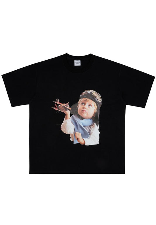 Baby Face Helicopter Boy Short Sleeve T-Shirt Black