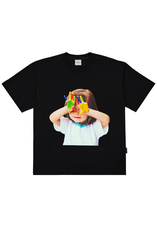 Baby Face Short Sleeve T-Shirt Black Colorful Hands