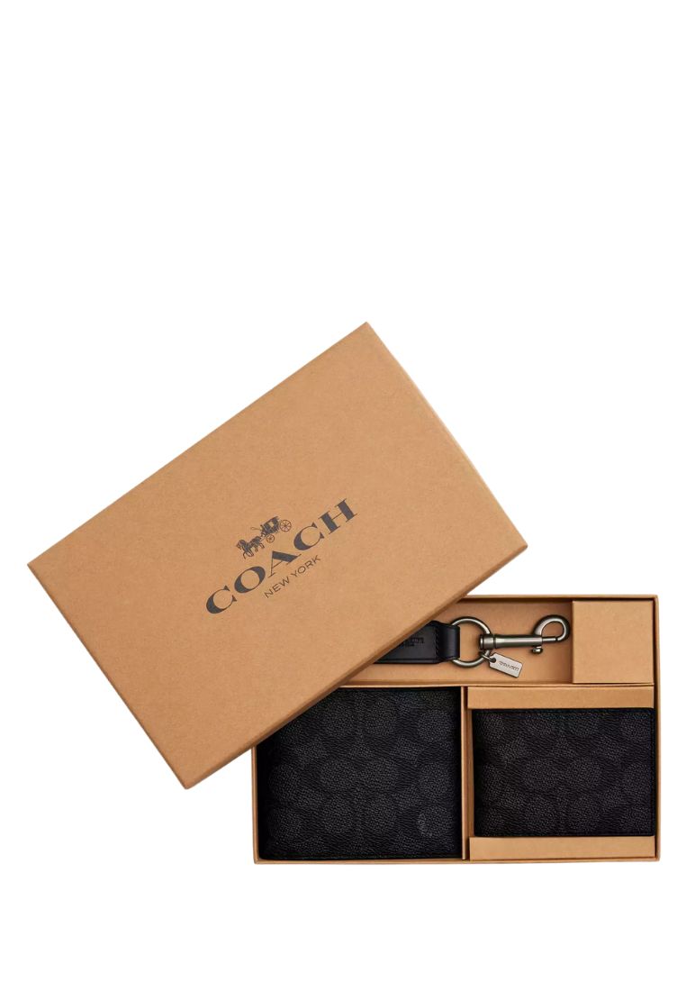 Boxed 3 In 1 Wallet Gift Set In Signature Canvas Gunmetal Charcoal Black