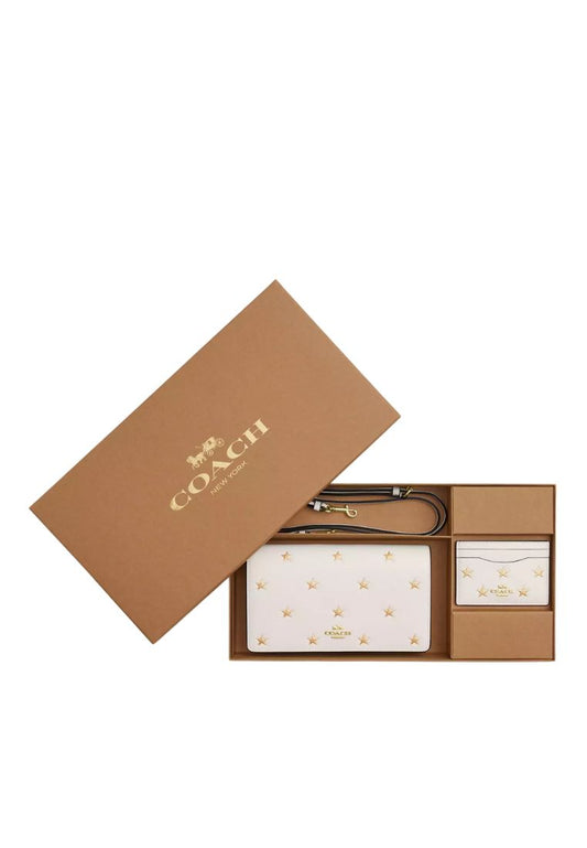 Boxed Anna Foldover Clutch Crossbody Bag And Card Case Set With Star Print Gold Chalk Multi