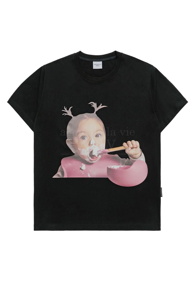 Brushing Teeth Girl Baby Face Short Sleeve T-Shirt Black
