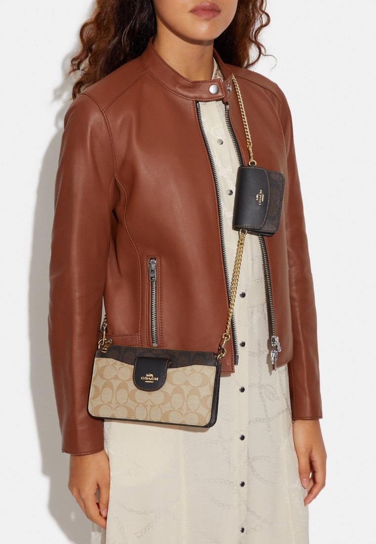 Poppy Crossbody With Card Case In Blocked Signature Canvas Brown Multi