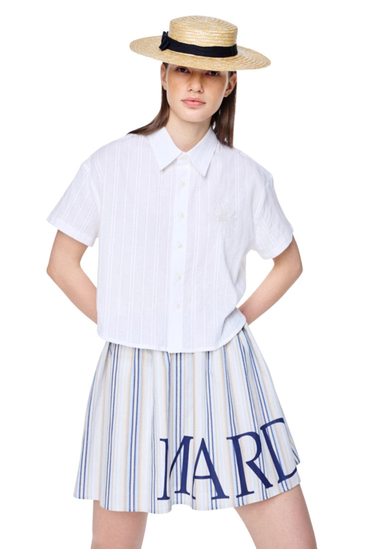 Cotton Cropped Shirt Half Sleeve White Beige