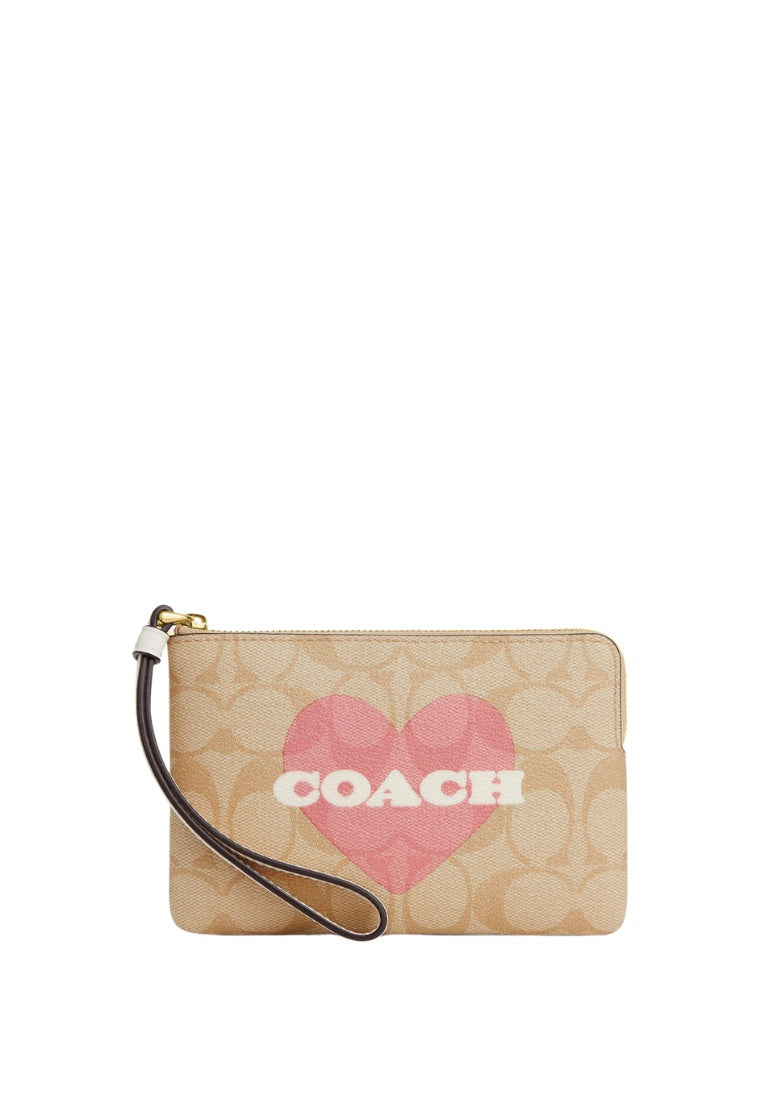 Corner Zip Wristlet In Signature Canvas With Heart Print