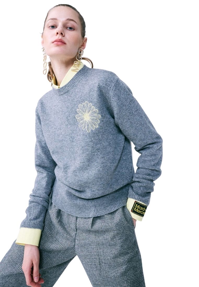 Cashmere Blended Basic Crew Neck Grey Lemon