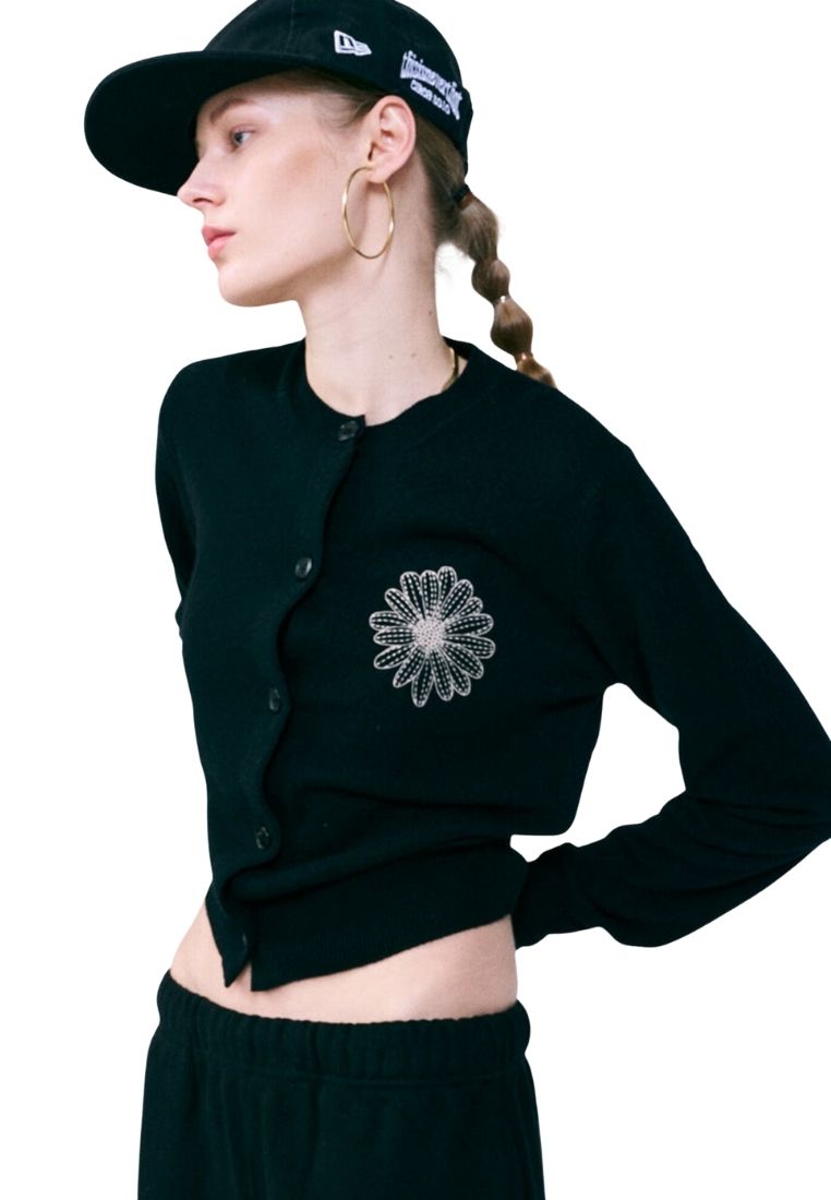 Cashmere Blended Cardigan Round Neck Black Latte