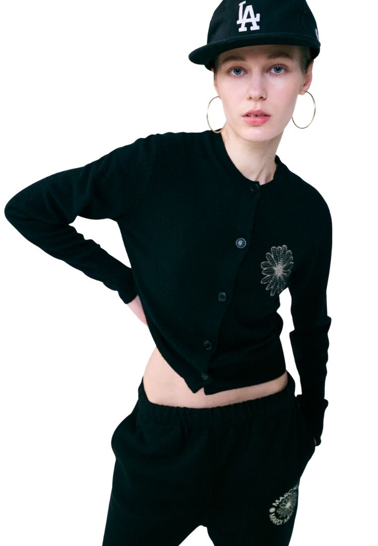 Cashmere Blended Cardigan Round Neck Black Latte