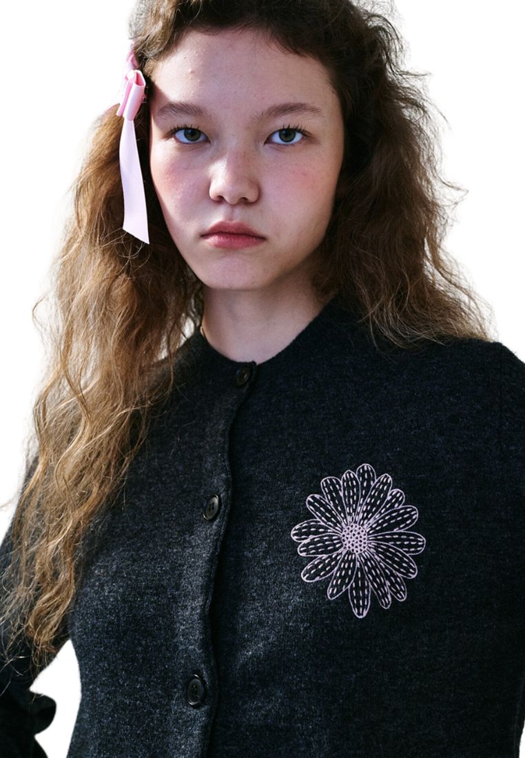 Cashmere Blended Cardigan Round Neck Charcoal Pink