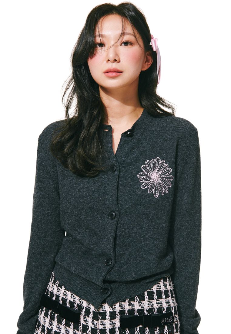 Cashmere Blended Cardigan Round Neck Charcoal Pink