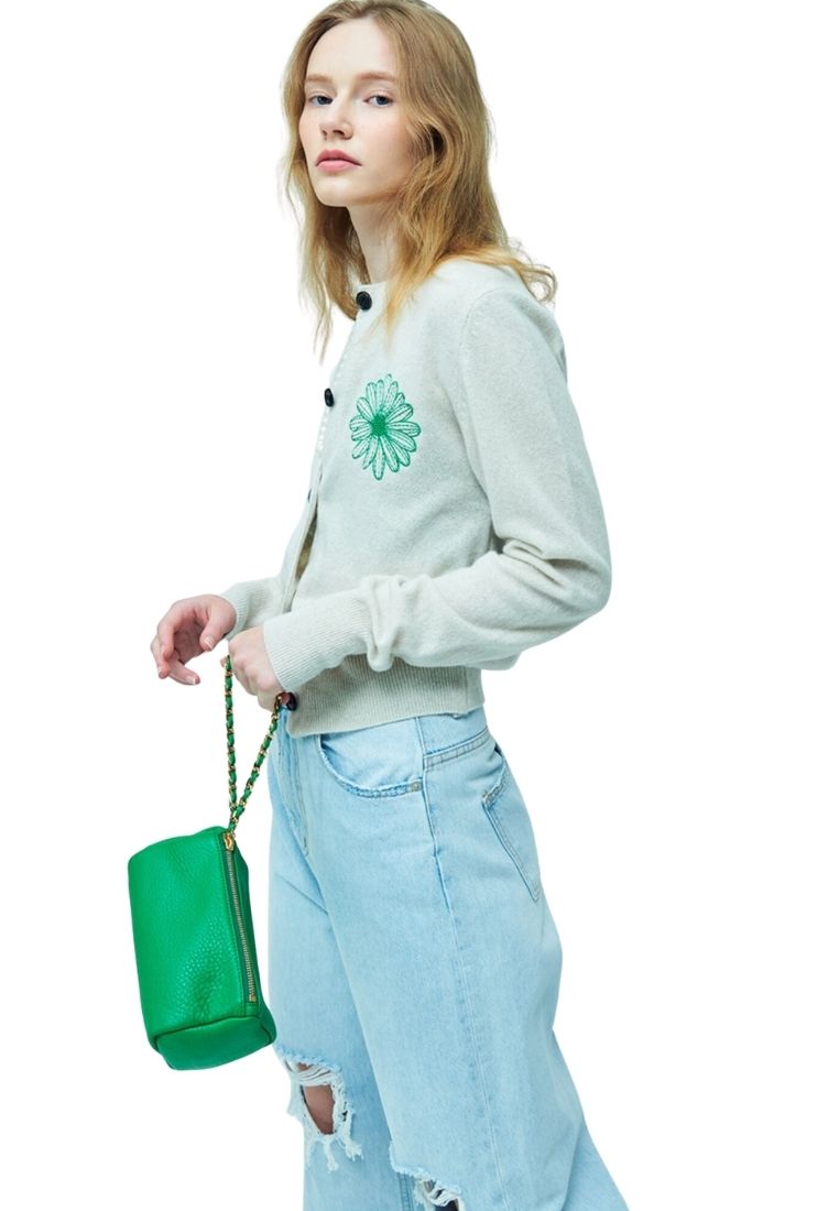 Cashmere Blended Cardigan Round Neck Ivory Green