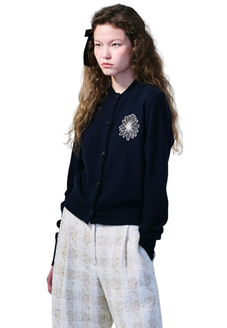 Cashmere Blended Cardigan Round Neck Navy Cream