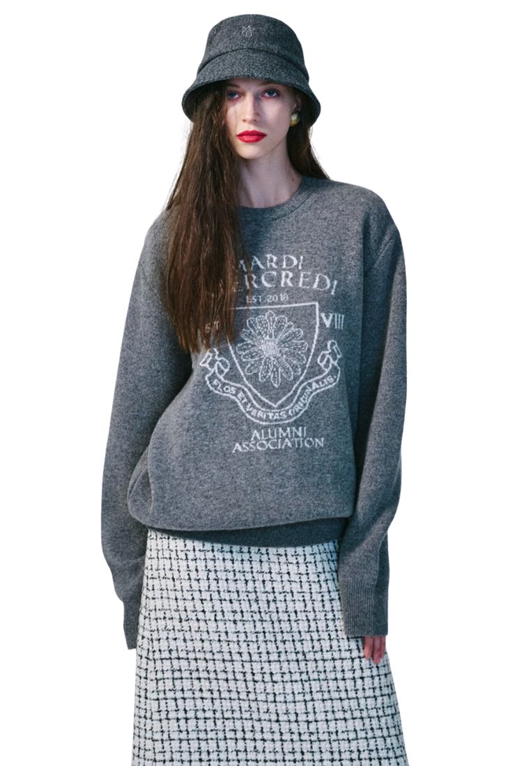 Cashmere Blended Pullover Alumni Emblem Grey Ivory