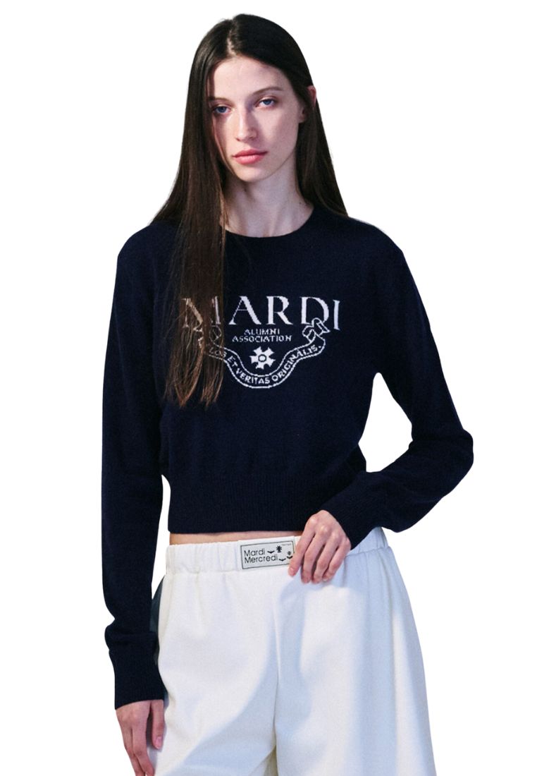 Cashmere Cropped Crew Neck Alumni Classique Navy Ivory
