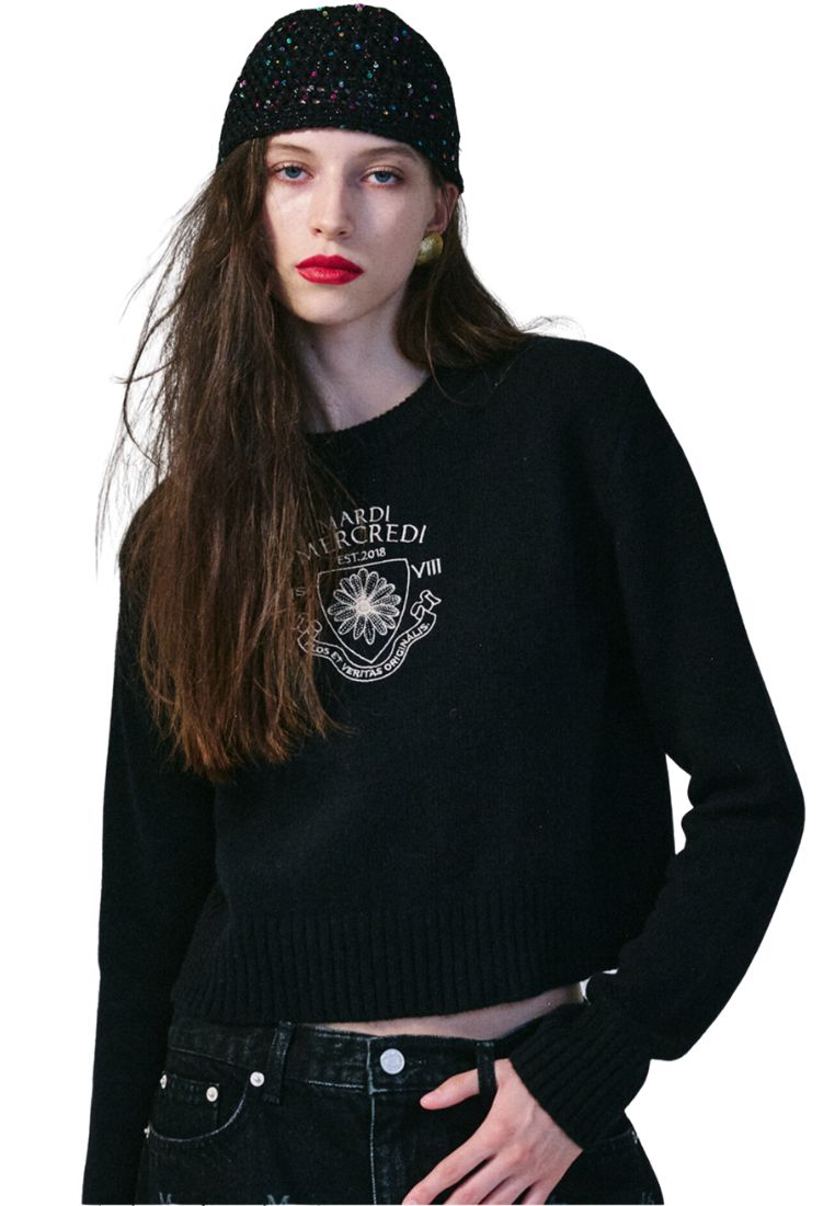 Cashmere Cropped Pullover Alumni Small Emblem Black Beige