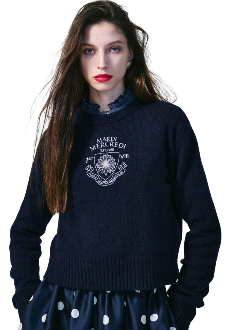 Cashmere Cropped Pullover Alumni Small Emblem Navy Beige