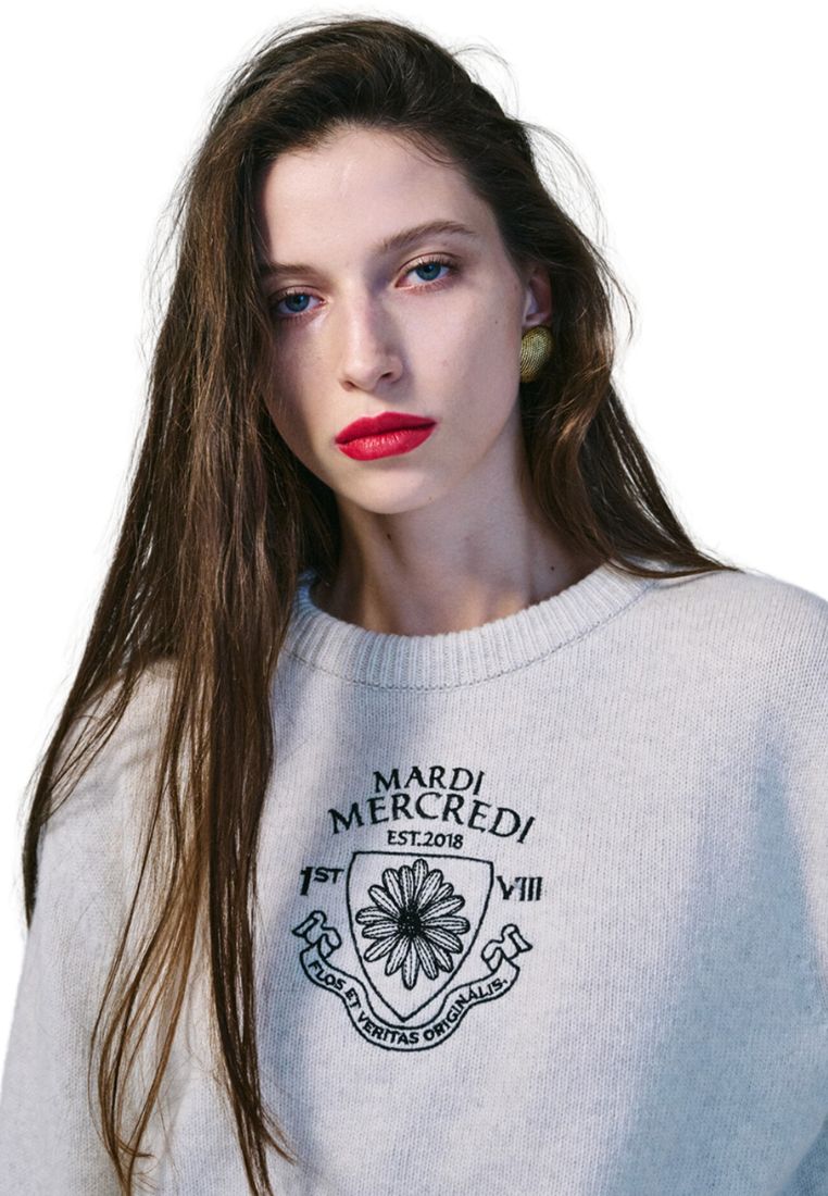 Cashmere Cropped Pullover Alumni Small Emblem White Black