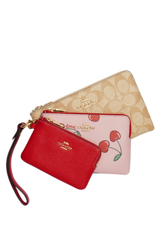 Corner Zip Trio In Signature Canvas And Heart Cherry Print Khaki Multi