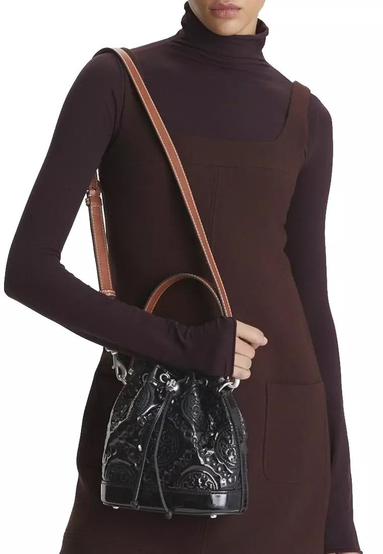 T Monogram Puffy Patent Bucket Bag Black