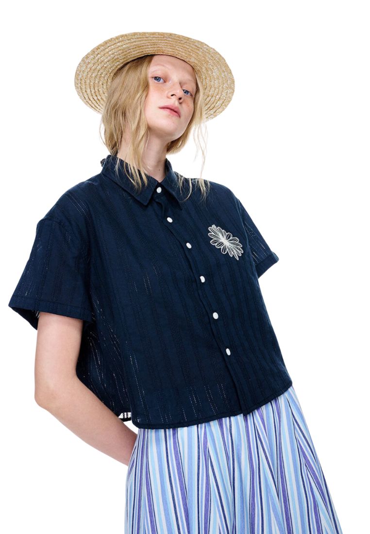 Cotton Cropped Shirt Half Sleeve Navy Cream