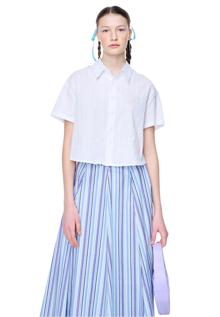 Cotton Cropped Shirt Half Sleeve White Beige