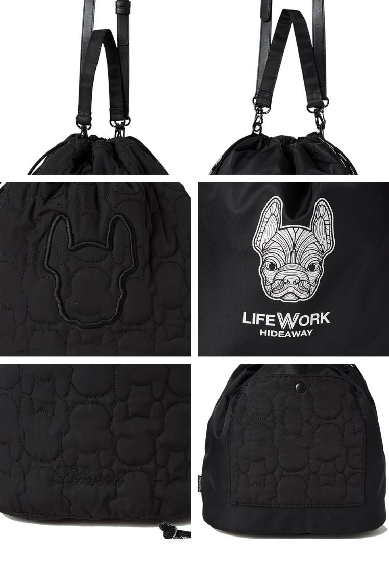 Embroidered Quilted Bucket Bag Black