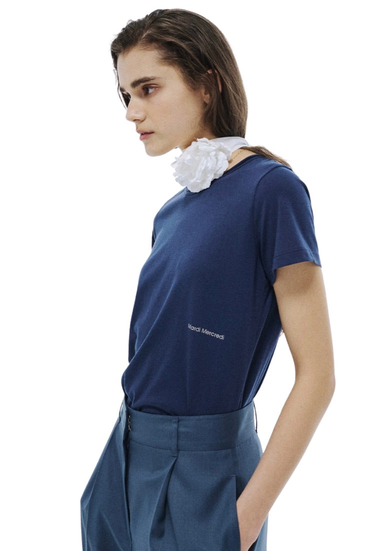 Premium Silk Blended TShirt Logo Slimfit Navy Beige