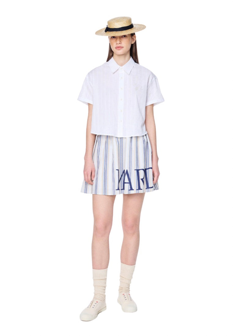 Cotton Cropped Shirt Half Sleeve White Beige