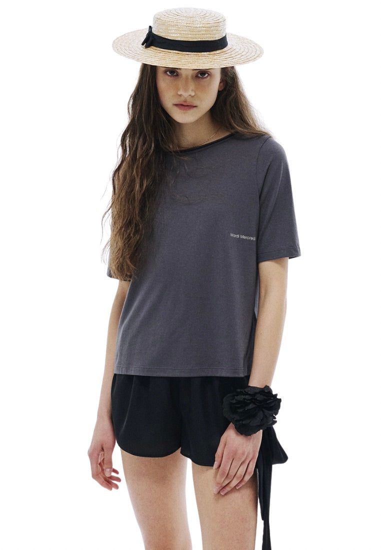Premium Silk Blended TShirt Logo Boatneck Charcoal