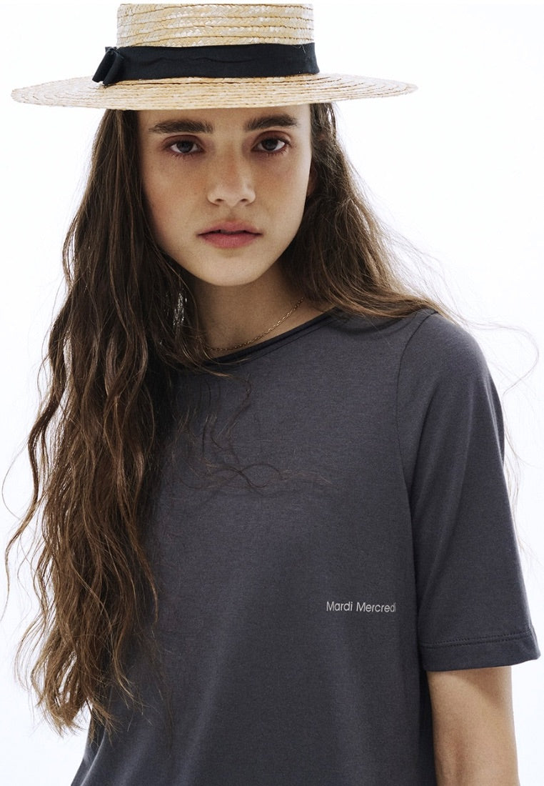 Premium Silk Blended TShirt Logo Boatneck Charcoal