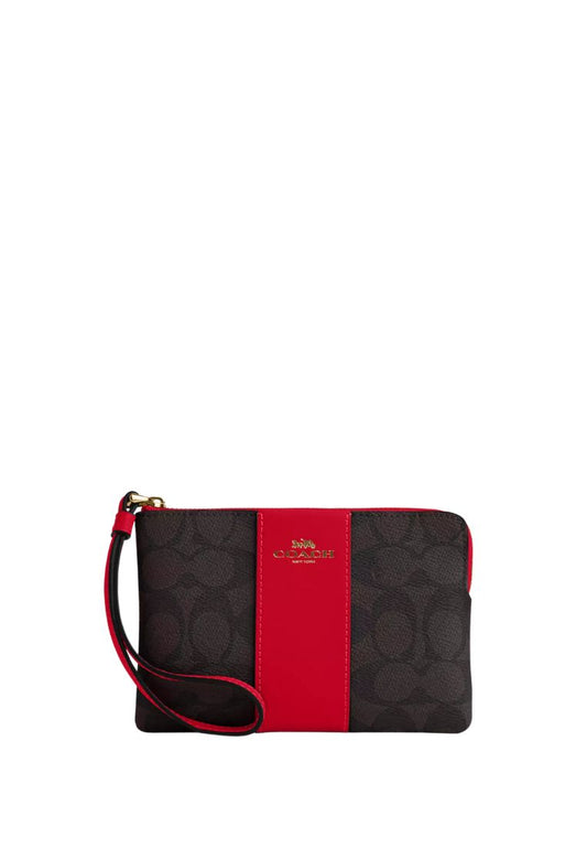 Corner Zip Wristlet In Signature Canvas With Stripe Gold Walnut Bold Red