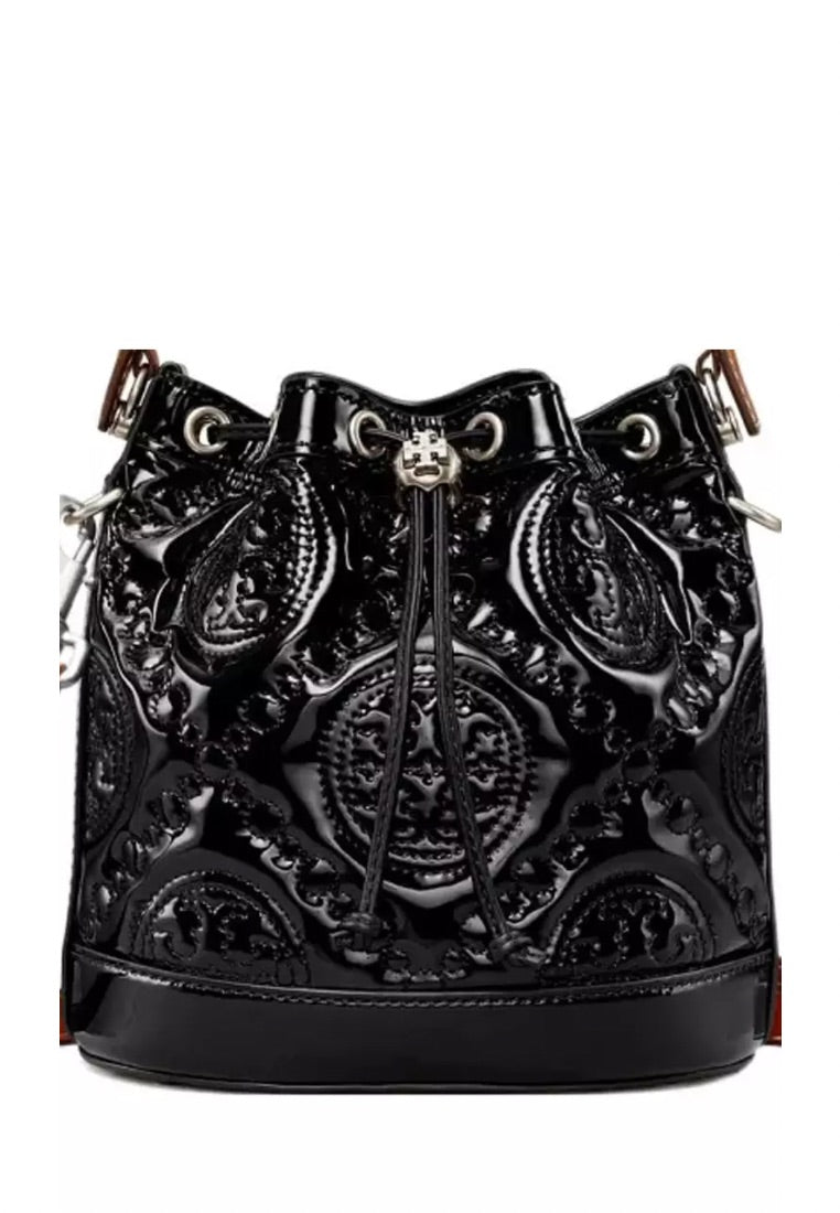 T Monogram Puffy Patent Bucket Bag Black