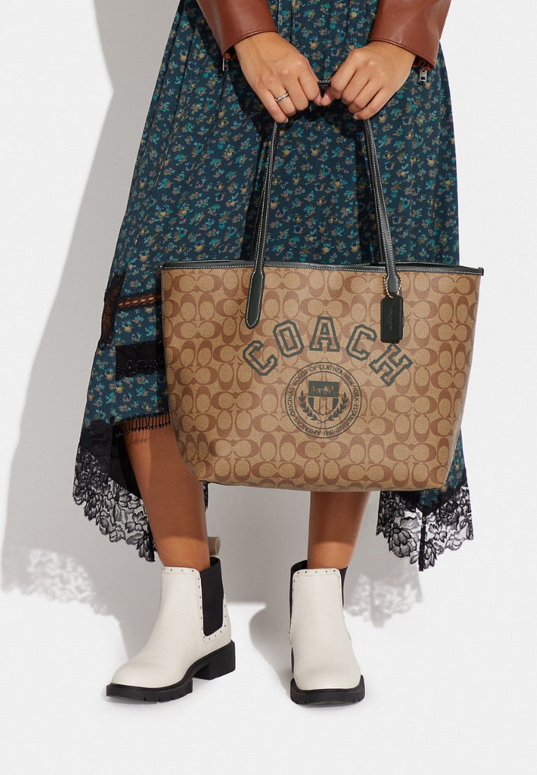 City Tote In Signature Canvas With Varsity Motif Amazon Green