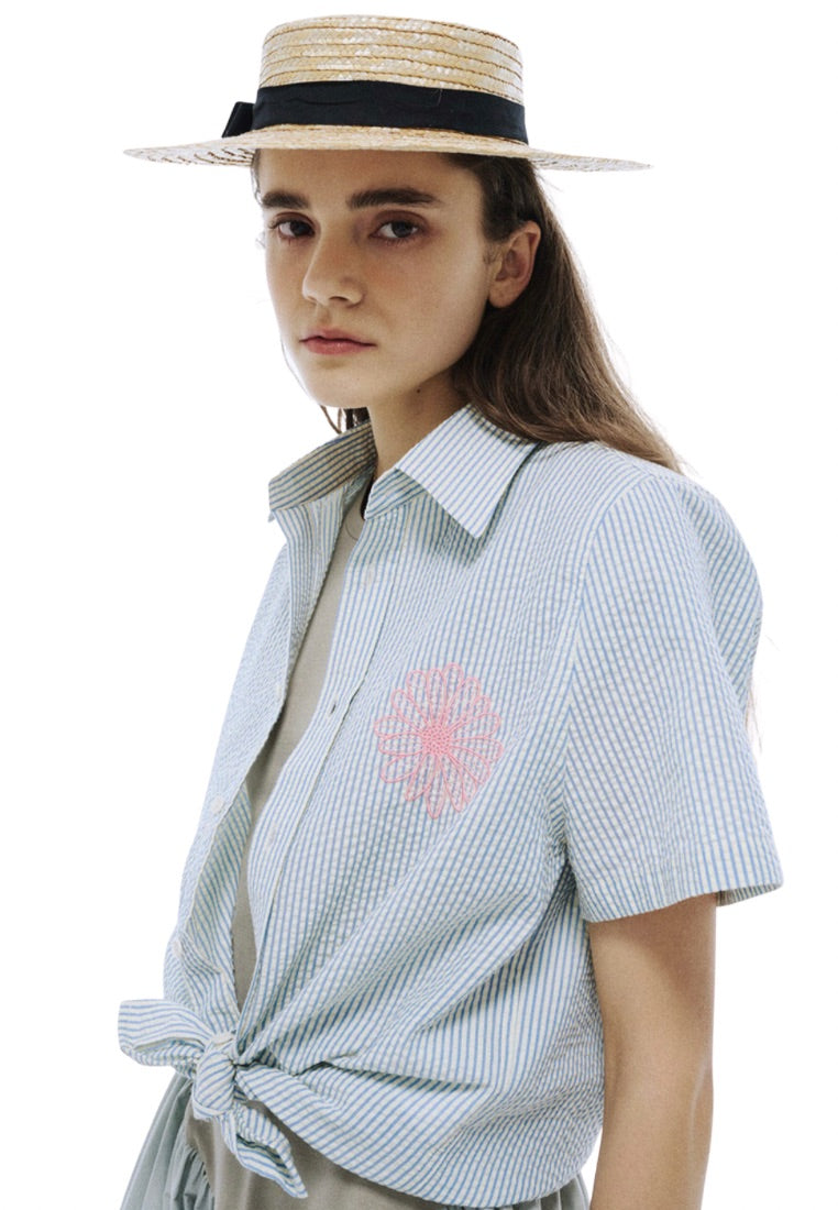 SEERSUCKER Shirt Half Sleeve Stripe Sky Pink
